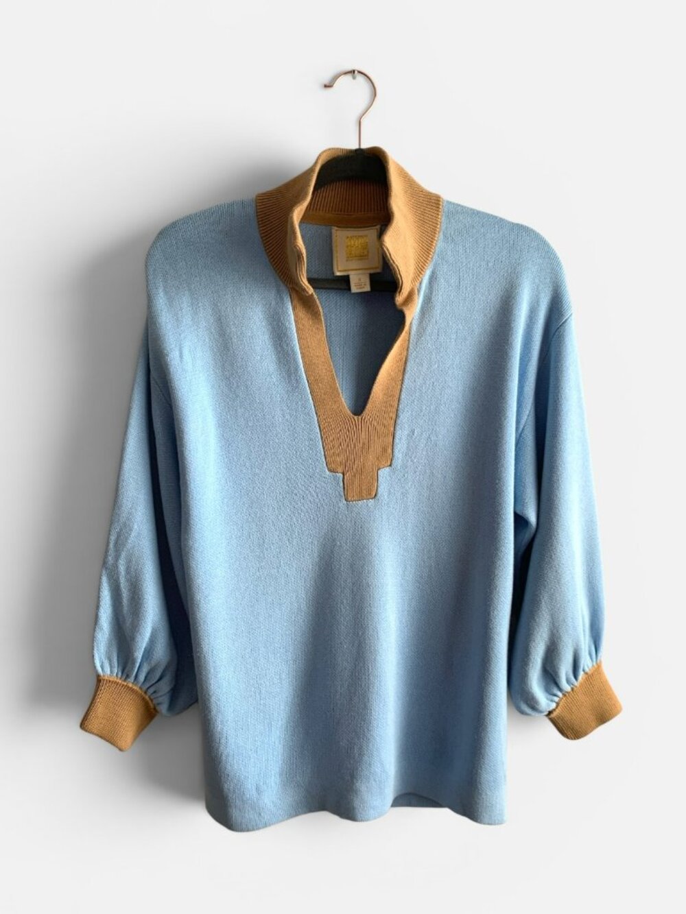 Emily McCarthy Blue Tunic Sweater Top Contrast Collar Puff Sleeve Size Small
